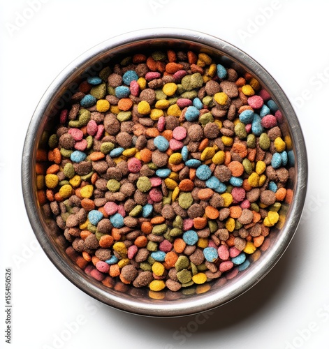 stainless steel pet bowl with colorful dry cat food on white background