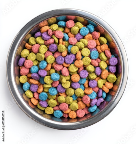 stainless steel pet bowl with colorful dry cat food on white background