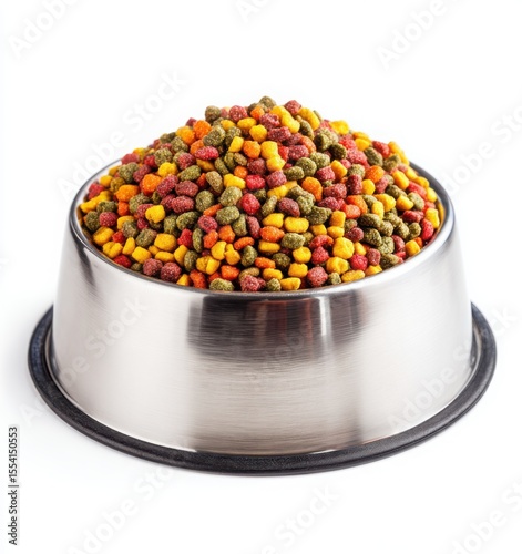 stainless steel pet bowl with colorful dry cat food on white background