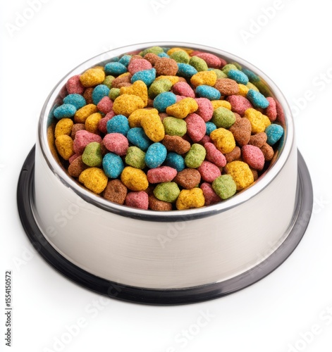 stainless steel pet bowl with colorful dry cat food on white background