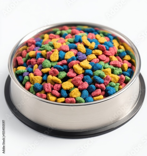 stainless steel pet bowl with colorful dry cat food on white background