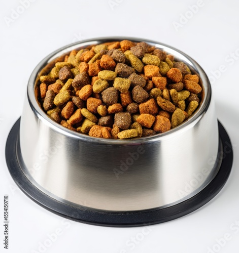 stainless steel pet bowl with colorful dry cat food on white background
