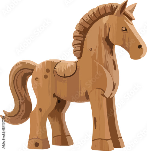 Classic Wooden Horse Sculpture – Rustic Carved Toy Horse Vector Illustration