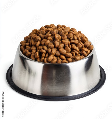 stainless steel pet bowl with colorful dry cat food on white background