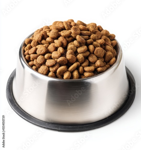 stainless steel pet bowl with colorful dry cat food on white background