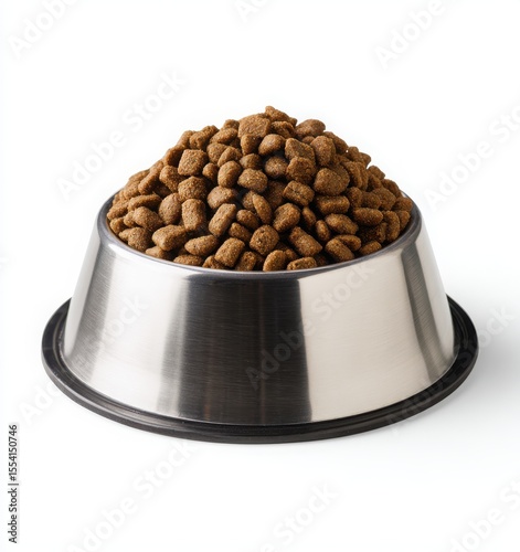 stainless steel pet bowl with colorful dry cat food on white background