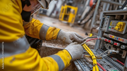 Technician in yellow safety clothing performing cable splicing and jointing in an industrial setting, focusing on managing wires and connections near machinery