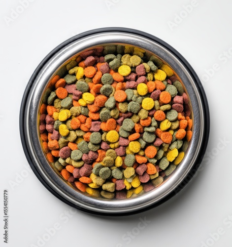 stainless steel pet bowl with colorful dry cat food on white background