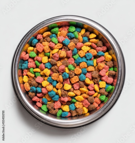 stainless steel pet bowl with colorful dry cat food on white background