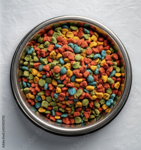 stainless steel pet bowl with colorful dry cat food on white background
