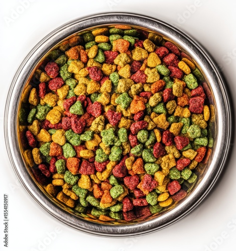 stainless steel pet bowl with colorful dry cat food on white background