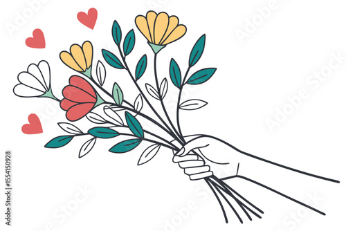 Flat design of a hand holding a bunch of mixed fruits and vegetables