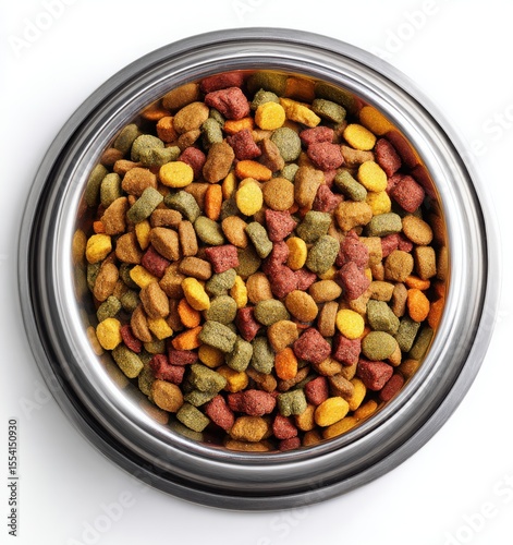 stainless steel pet bowl with colorful dry cat food on white background
