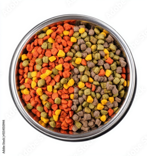 stainless steel pet bowl with colorful dry cat food on white background