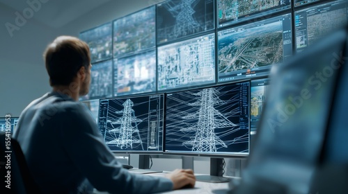 An operator monitors multiple screens displaying AI-assisted grid optimization data. The focus is on enhancing load management for more efficient energy distribution across multiple regions