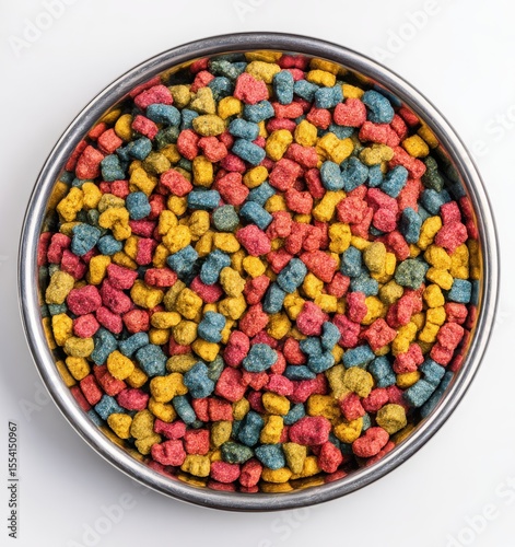 stainless steel pet bowl with colorful dry cat food on white background