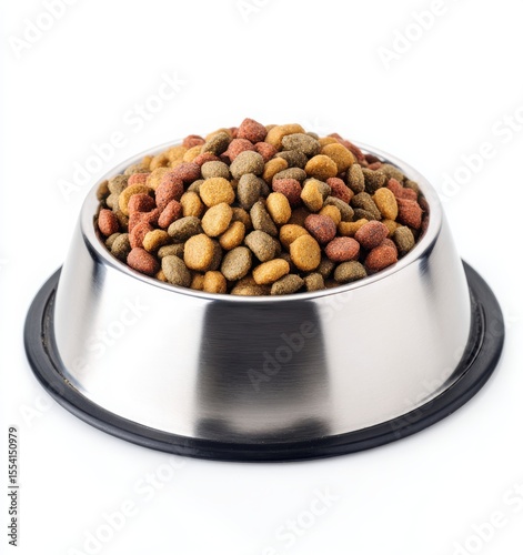 stainless steel pet bowl with colorful dry cat food on white background