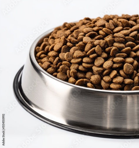 stainless steel pet bowl with colorful dry cat food on white background