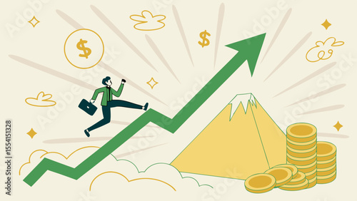 An illustration of a business graph with a dollar sign and arrow, depicting people running toward financial success