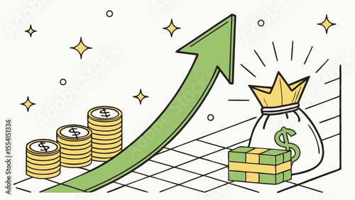 Growth is illustrated through a business graph with an arrow pointing upwards, surrounded by dollar signs and gold coins, symbolizing financial success and market profit for investment and wealth gene