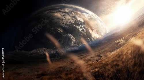 Dramatic Landscape View of Distant Planet Earth With Golden Light Illuminating a Brown Grassy Plain in a Stylized Astronomical Scenery