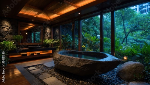 Luxurious spa bathroom with stone tub and rainforest view