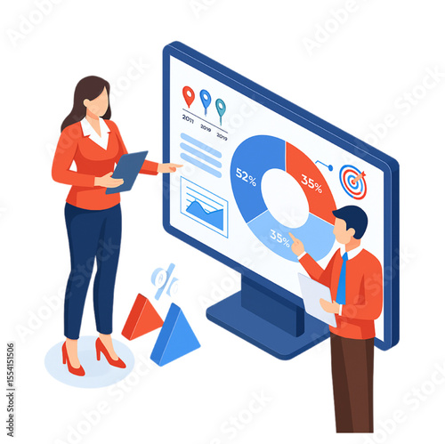 Business analysis presentation featuring charts and graphs on a large screen, with colleagues discussing data for strategic business insights and growth.