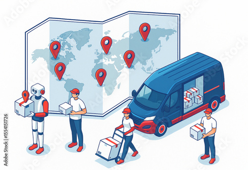 Global logistics delivery illustrated with a van, robot and workers set against a backdrop of a world map, representing efficient international shipping and transport services.