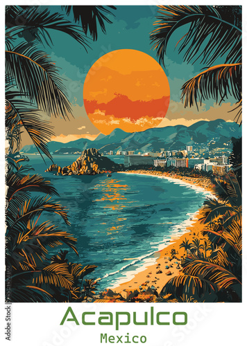 Acapulco Mexico Vector Illustration. Tropical beach, sunset, palm trees.
