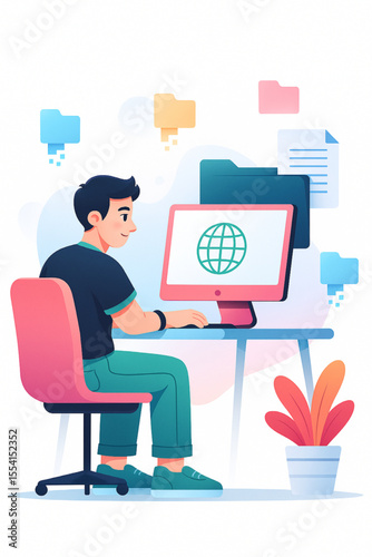 A young man works at his computer in a bright, modern office, surrounded by colorful folders and plant, creating a creative and productive work environment.