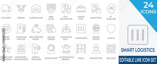 Modern line icons representing smart logistics, automation, and parcel tracking. Perfect for supply chain, e-commerce, and inventory management platforms.