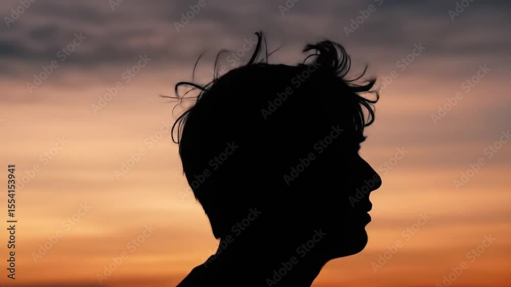 Profile Silhouette of a Person Against a Warm Sunset Sky, Reflective Mood Profile Silhouette of a Person Against a Warm Sunset Sky, Reflective Mood