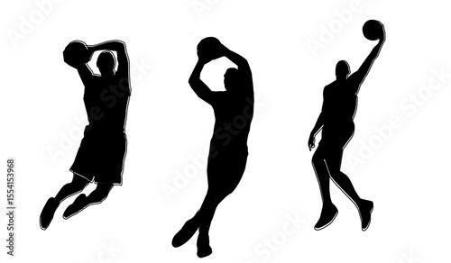 Silhouette of basketball player doing slam dunk, isolated on white background	