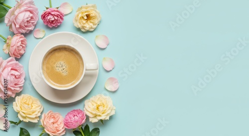 White cup of coffee with flower petals on a soft blue background. Spring morning concept. Floral composition with beverage on flatlay background for banner with empty space.