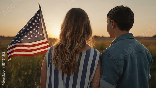 Happy Family Holding American Flag at Sunset – 4th of July Independence Day Celebration in the USA

