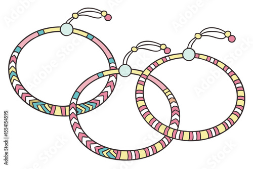 Colorful flat lay of diverse handmade friendship bracelets arranged artistically
