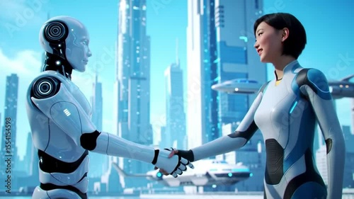 Humanoid Robot and Woman Handshake in Futuristic Cityscape: AI Collaboration & Future Technology