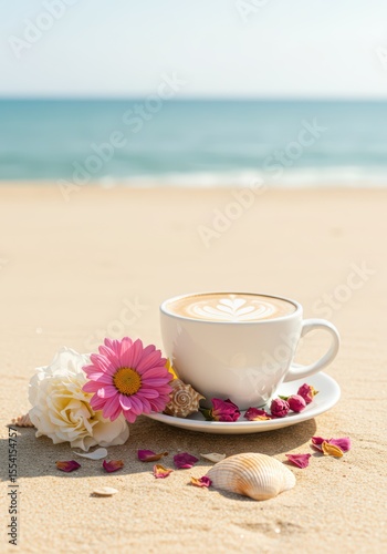 Latte art coffee cup on sandy beach with colorful flowers at sunrise or sunset. Summer beverage concept for relaxation and vacation for travel banner or poster with copy space.	
