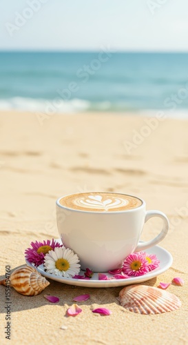 Latte art coffee cup on sandy beach with starfish and colorful flowers at sunrise or sunset. Summer beverage concept for relaxation and vacation for travel banner or poster with copy space.	
