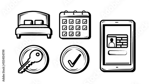 "Design a minimal line-style icon collection representing hotel booking, reservation confirmation, online check-in, and digital key access."