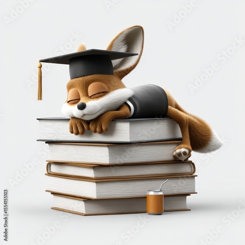 A 3D fennec fox with enormous ears and round belly, wearing an oversized graduation gown, sleeping atop a pile of textbooks with an empty energy drink can
