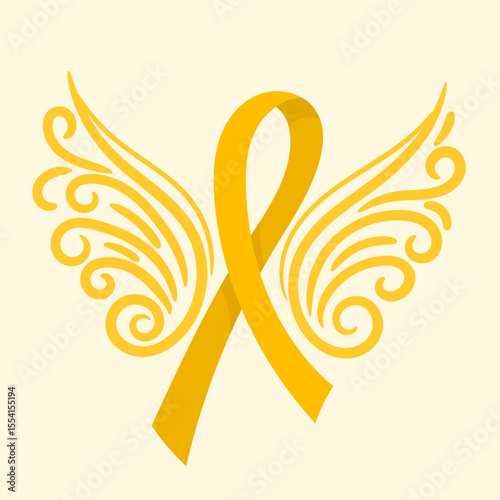 Yellow ribbon with angel wings. Childhood Cancer Awareness Ribbon.