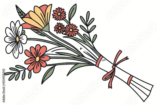 Vibrant bouquet of diverse wildflowers tied with a rustic ribbon illustration