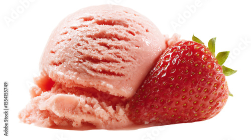 a strawberry and ice cream with a scoop of it