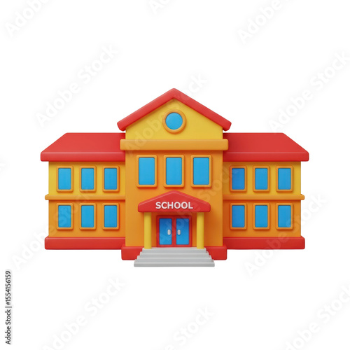 A cheerful 3d illustration of a school building with yellow walls and a red roof, perfect for educational content and back to school themes.
