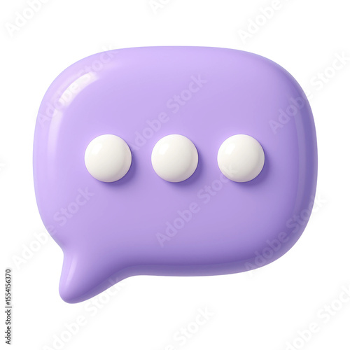A vibrant 3d purple chat bubble with three white dots, symbolizing typing in progress or a pending message. Ideal for digital communication, social media, and app design.