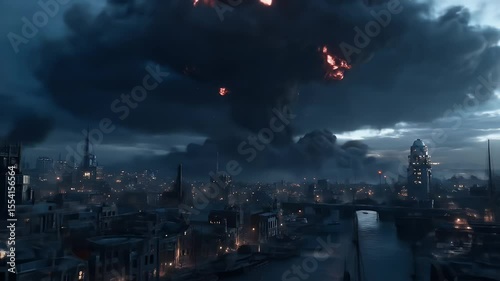 Futuristic City Skyline Engulfed in Fiery Explosion Under Ominous Cloudy Sky At Twilight Casting Dark Shadow Optimizing For Adobe Stock Photo