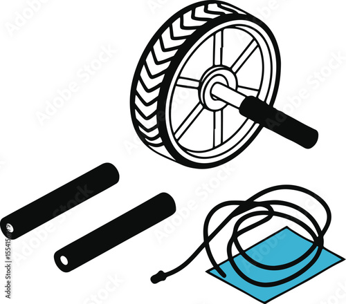 Fitness Equipment Set with Ab Roller Wheel, Jump Rope, and Handles Isolated on White Background