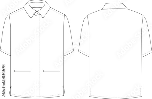 Men's Short Sleeve Shirt Front and Back Illustration, Button-Up Shirt with Pockets