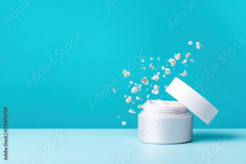 A white cream jar with an open lid releasing popcorn pieces against a bright blue background.